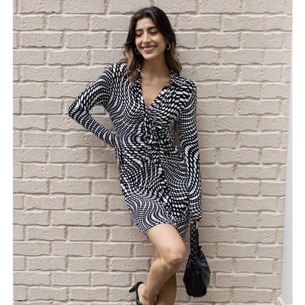 SANCTUARY NWT Daydream Stretch Knit Black Whitev Geo Pattern Ruched Dress 3X